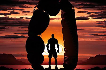 punching bag, with the silhouette of a boxer in the background, against sunset sky, created with generative aiの素材