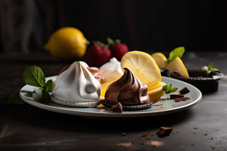 plate with various flavors of meringue, including chocolate and lemon, created with generative aiの素材