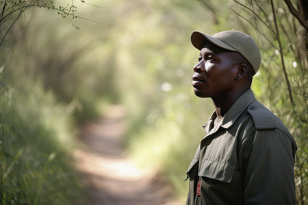 park ranger patrolling park to prevent poaching and illegal hunting, created with generative aiの素材