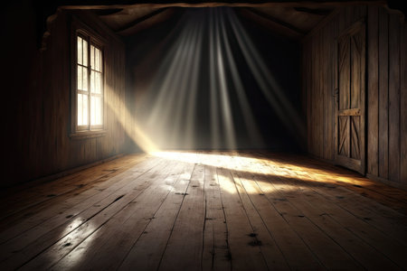 peaceful scene with sun rays shining on a wooden floor, created with generative aiの素材