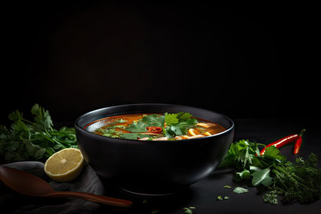 bowl of tom yam soup with fresh herbs and spices on black background, created with generative aiの素材