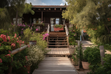 mediterranean house with lush garden, blooming flowers and wooden deck, created with generative aiの素材