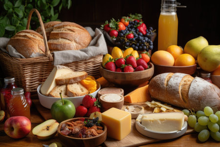 picnic basket overflowing with foods, including sandwiches, fruits, and drinks, created with generative aiの素材