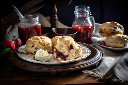 plate of warm scones, topped with homemade strawberry jam and a glass of milk, created with generative aiの素材