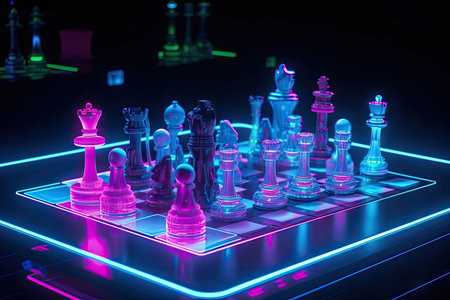 the game of neon chess in the futuristic world, with holographic pieces and virtual reality, created with generative aiの素材
