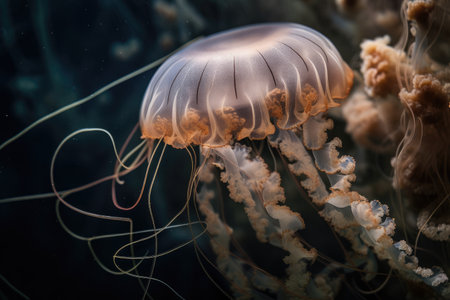 close-up of jellyfish, with its delicate tentacles and trailing tendrils on display, created with generative aiの素材