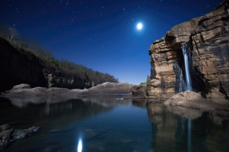 dramatic waterfall, with the moon shining against its waters, during a clear and starry night, created with generative aiの素材