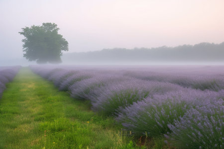 lavender field on a misty morning with fog rolling in, created with generative aiの素材