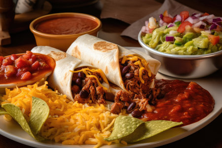 burrito and nachos platter with sizzling fajita meat, spicy salsa, and melted cheese, created with generative aiの素材