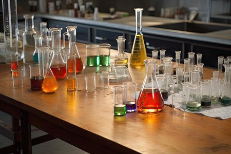 science lab with a variety of flasks and beakers for mixing chemical compounds, created with generative aiの素材