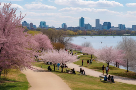 cherry blossom park, with visitors enjoying the blooms and views, created with generative aiの素材