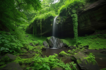 natural rock formation with waterfall, surrounded by lush greenery, created with generative aiの素材