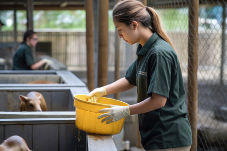 person, volunteering at wildlife conservation center, cleaning and feeding animals, created with generative aiの素材