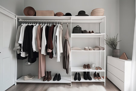 minimalist wardrobe with mix of classic and trendy pieces, created with generative aiの素材