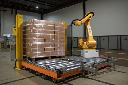 palletizing robot, lowering wrapped and secured pallet to ground level, created with generative aiの素材