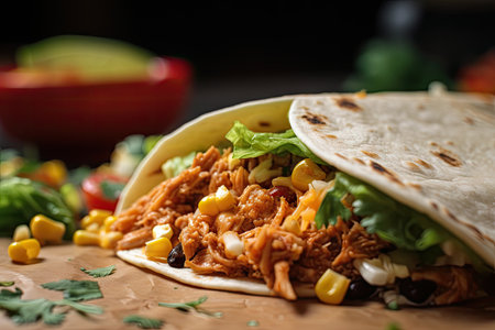 close-up of juicy and tender taco, with corn tortilla and fillings visible, created with generative aiの素材