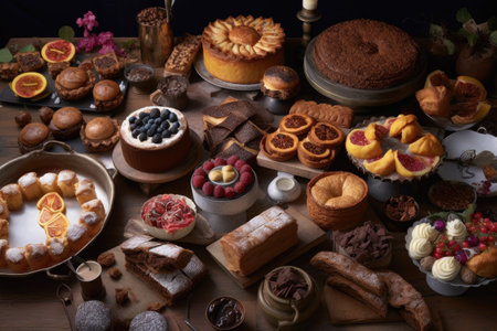 a stunning spread of various baked goods, from traditional pastries and pies to modern desserts, created with generative aiの素材