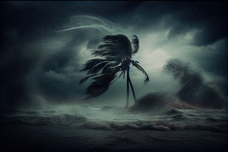 intense tropical cyclone with powerful winds and torrential rain storming through the ocean, created with generative aiの素材