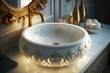round white wash basin with gold accents, illuminating the room, created with generative aiの素材