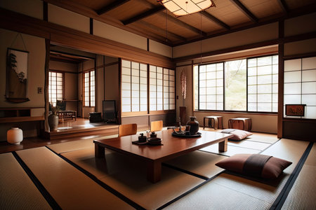 cozy japanese style living room with low tables, comfortable sofas and stylish decor, created with generative aiの素材