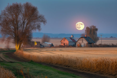 full moon, shining over peaceful farm, with harvest moon in the sky, created with generative aiの素材