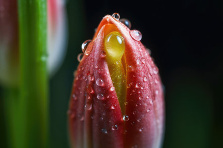 macro shot of flower bud with dewdrop on the petal, created with generative aiの素材