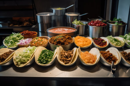 tacos stand with variety of toppings and fillings for customers to choose from, created with generative aiの素材