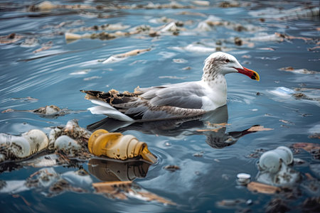 seagull swimming through plastic debris in ocean, created with generative aiの素材