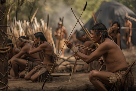 nomadic tribe hunting game with spears, bows, and arrows, created with generative aiの素材