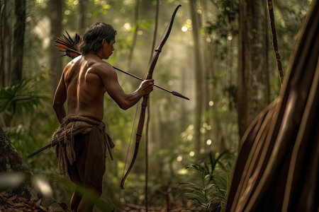 nomadic tribesman hunting for food in the forest, with his bow and arrow, created with generative aiの素材