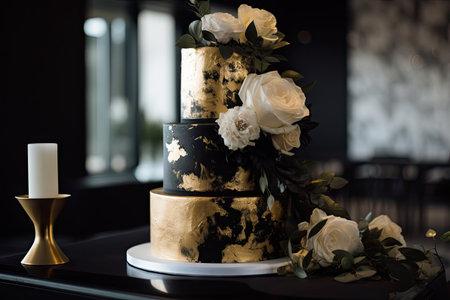modern wedding cake with fresh flowers and metallic accents, created with generative aiの素材