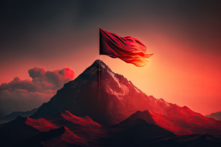 peak with red flag, dramatic sunrise or sunset in the background, created with generative aiの素材