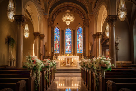 ceremony in beautifully lit and decorated chapel with a clear view of the altar, created with generative aiの素材