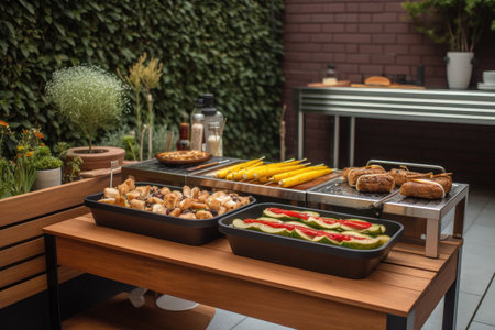 outdoor bbq with sizzling hotdogs and hamburgers for a family get-together, created with generative aiの素材