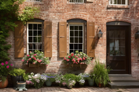 exposed brick exterior with traditional shutters and hanging baskets in the window, created with generative aiの素材