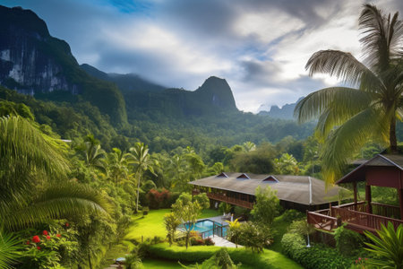 exotic destination, with view of towering mountain range and lush forest in the background, created with generative aiの素材