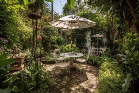 relaxing garden with private dining area and romantic setting for two, created with generative aiの素材
