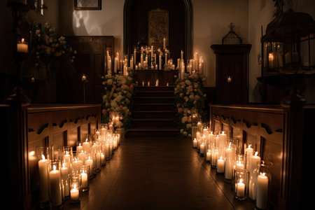 ceremony venue, with low light and candles creating a romantic atmosphere, created with generative aiの素材