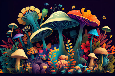 magic mushroom garden with different varieties of mushrooms growing among colorful flowers and greenery, created with generative aiの素材