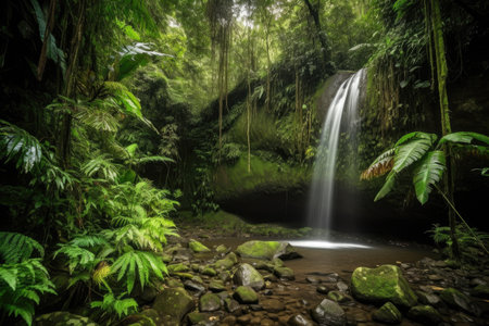 majestic waterfall cascading into a lush rainforest, created with generative aiの素材