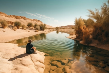 person, relaxing and meditating by oasis of clear spring water in the desert, created with generative aiの素材