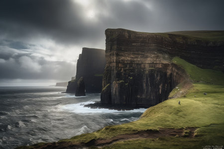 majestic cliff with natural rock formations and dramatic lighting, created with generative aiの素材