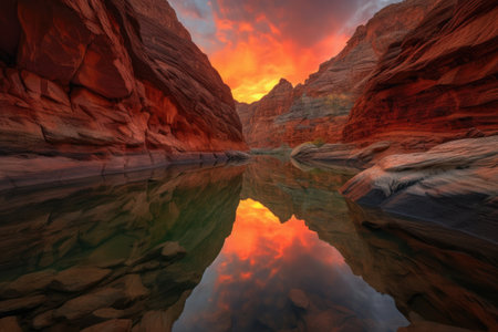 majestic canyon with fiery sunset, reflecting off the water and rocks, created with generative aiの素材