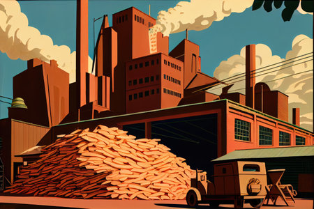 pulp and paper factory, with bins of freshly cut wood in the foreground, created with generative aiの素材