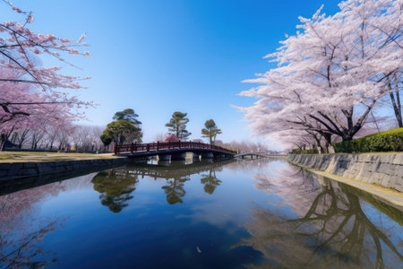 clear blue sky and cherry blossom bloom in park, created with generative aiの素材
