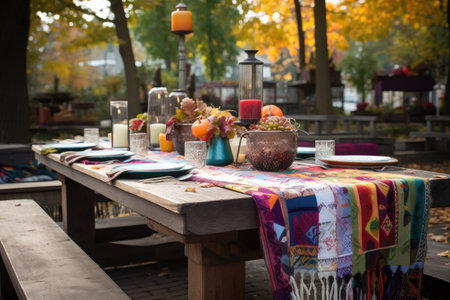 picnic table with a colorful blanket, plates, and glasses set for an elegant outdoor dining experience, created with generative aiの素材