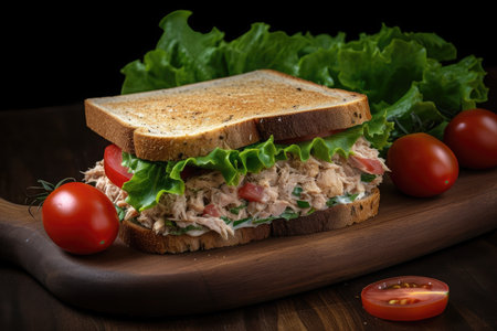 tuna salad sandwich on toast, with slice of tomato and lettuce, created with generative aiの素材