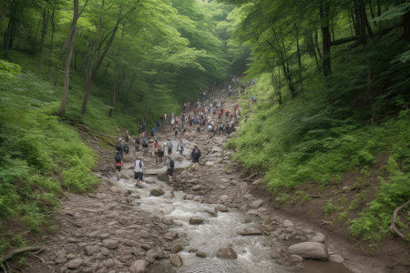 peak rush hour with a stream of hikers making their way to the top, created with generative aiの素材