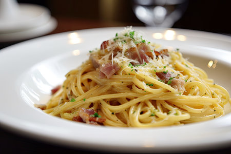 spaghetti carbonara with extra pancetta and cheese on top, created with generative aiの素材
