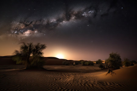 night sky filled with stars and moon over deserted oasis, created with generative aiの素材